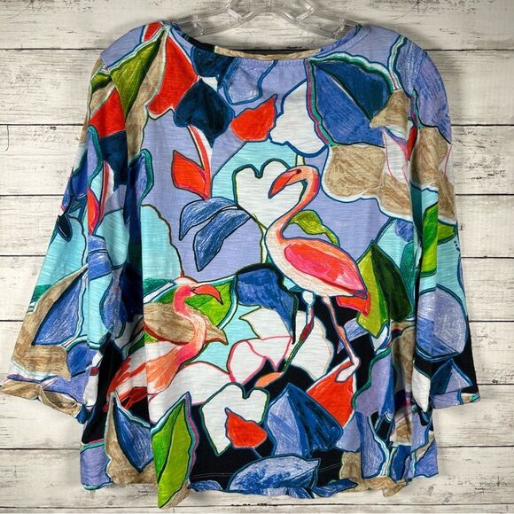 Chico’s Cotton Modal Abstract Colorful Flamingo T-shirt Top Sz 2 L - Picture 3 of 5